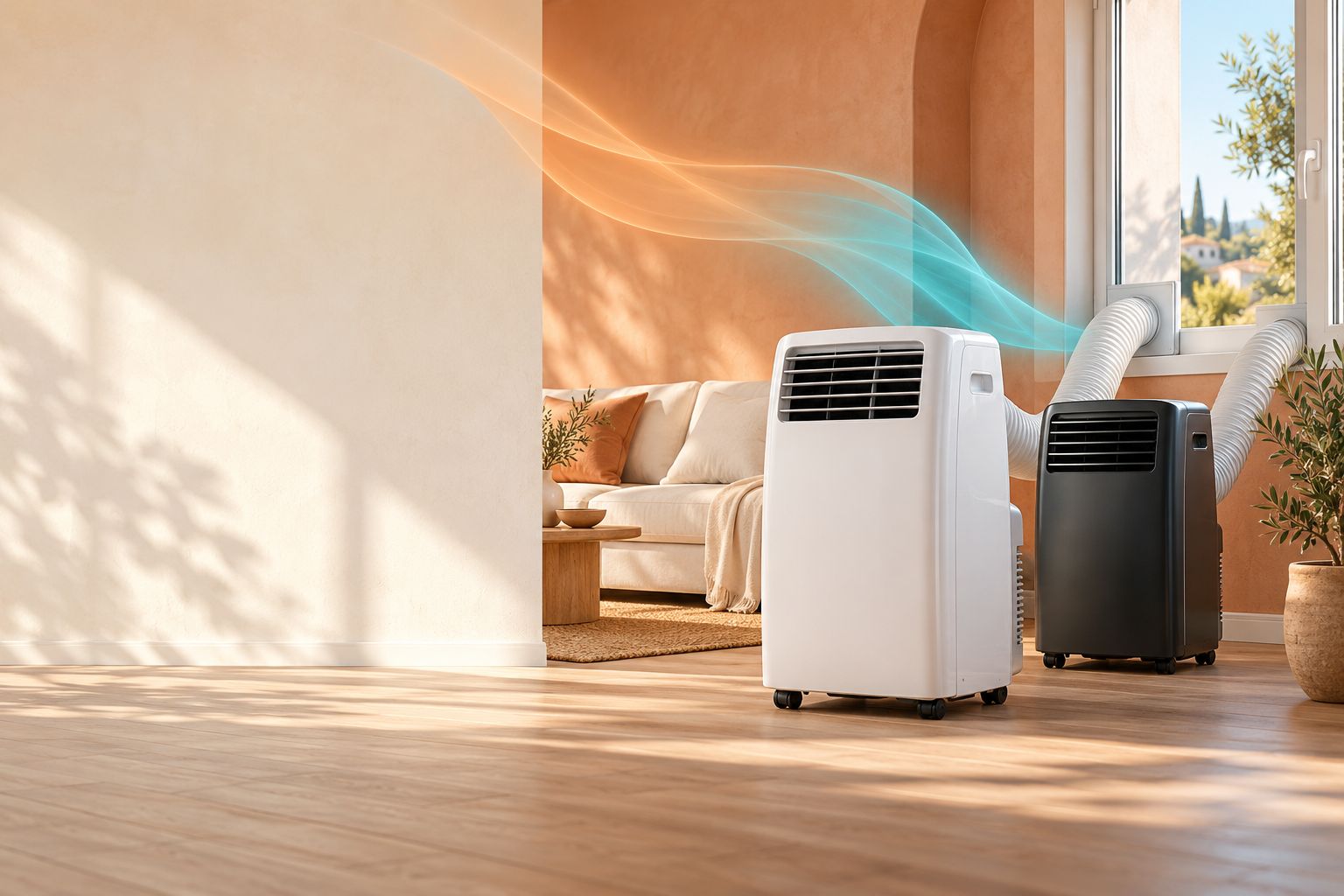 Witte en zwarte mobiele voorbeeldairco in een zonnige woonkamer met afvoerslangen naar het raam